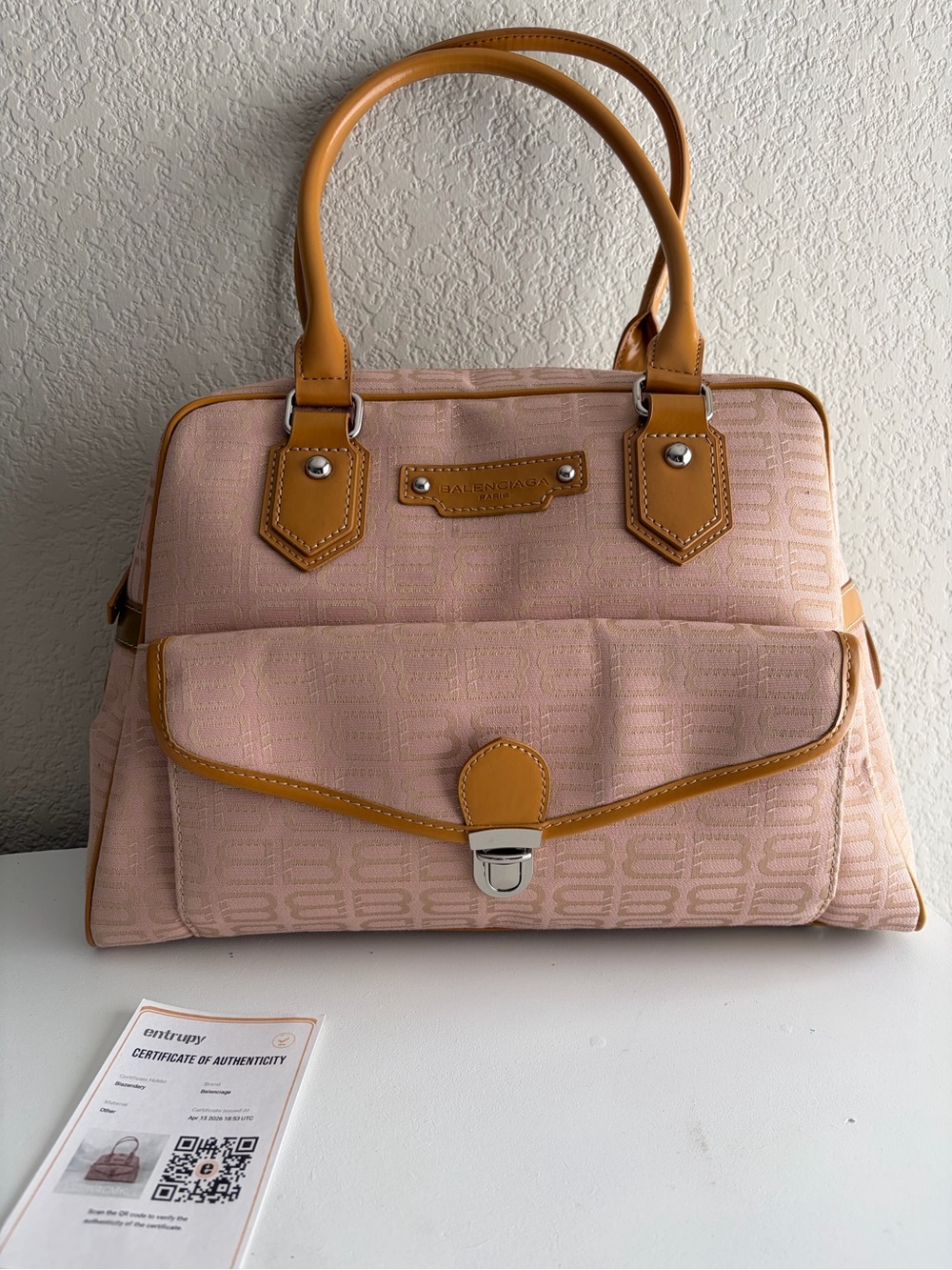 Balenciaga Monogram Canvas bag Pink with Leather Trim Y2K Top Handle Authentic